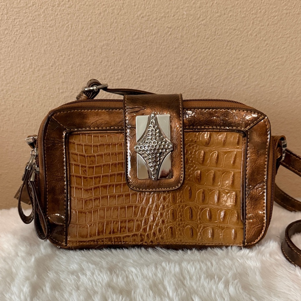 Madi Claire Chic Tan Crocodile Pattern Crossbody Bag